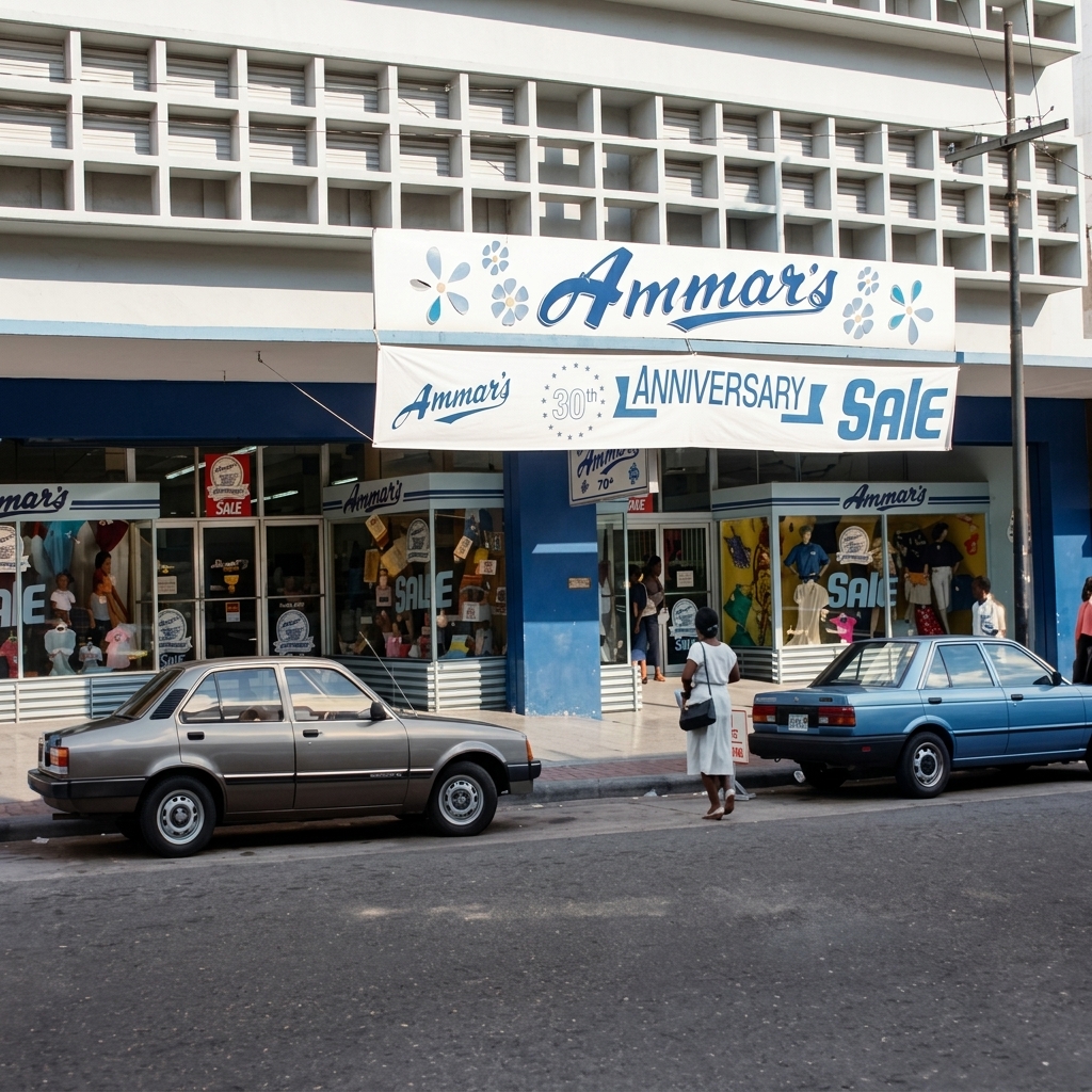 Ammar's department store storefront decorated for the 30th Anniversary Sale, featuring classic cars parked in front