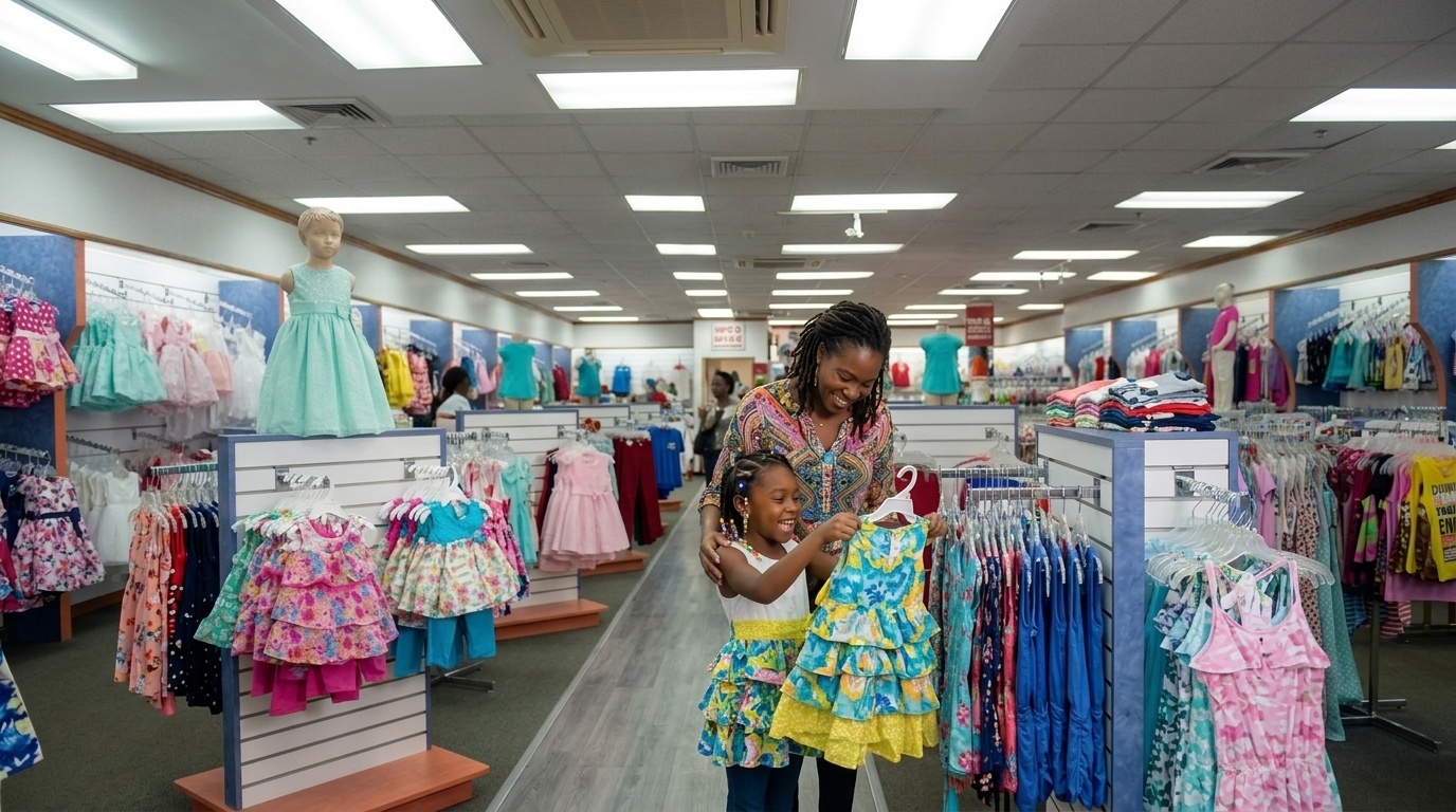Mother and daughter shopping in kids department