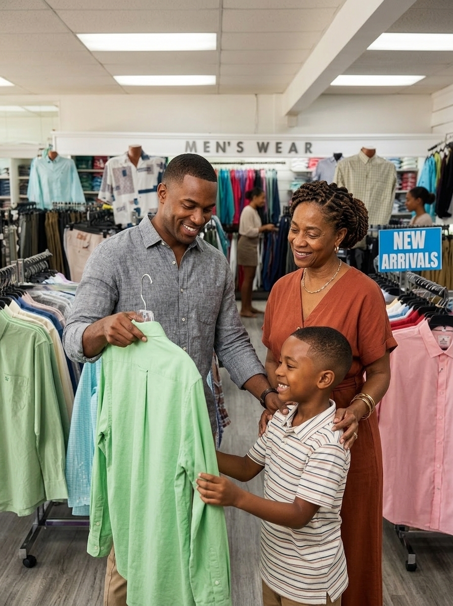 Jamaican family shopping together at Ammar's Department Store