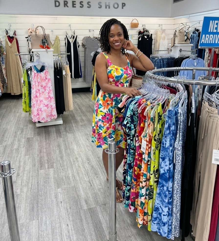 Jamaican woman shopping at Ammar's — vibrant tropical fashion